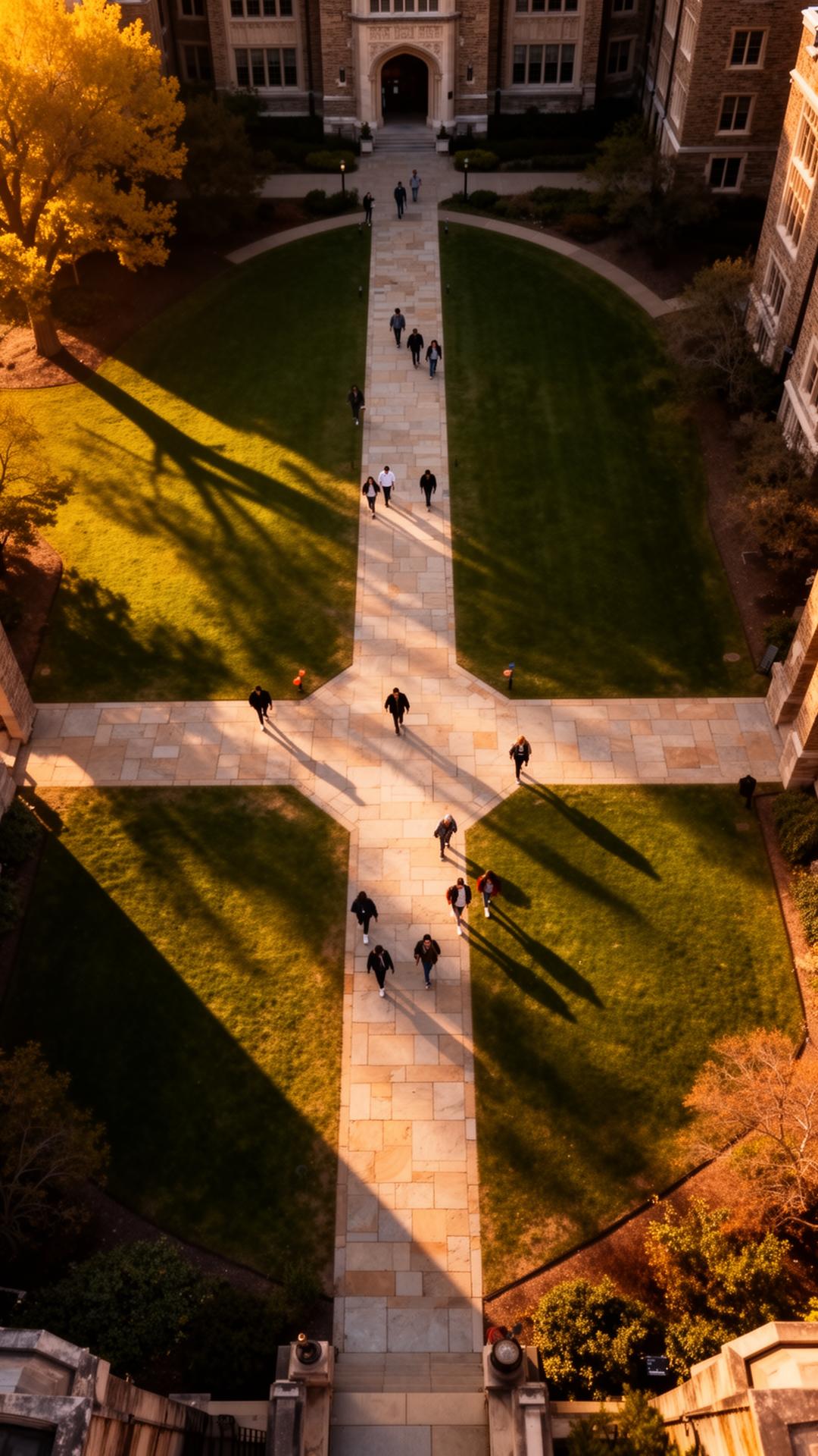 Estudiantes caminando por un campus universitario internacional, vista aérea