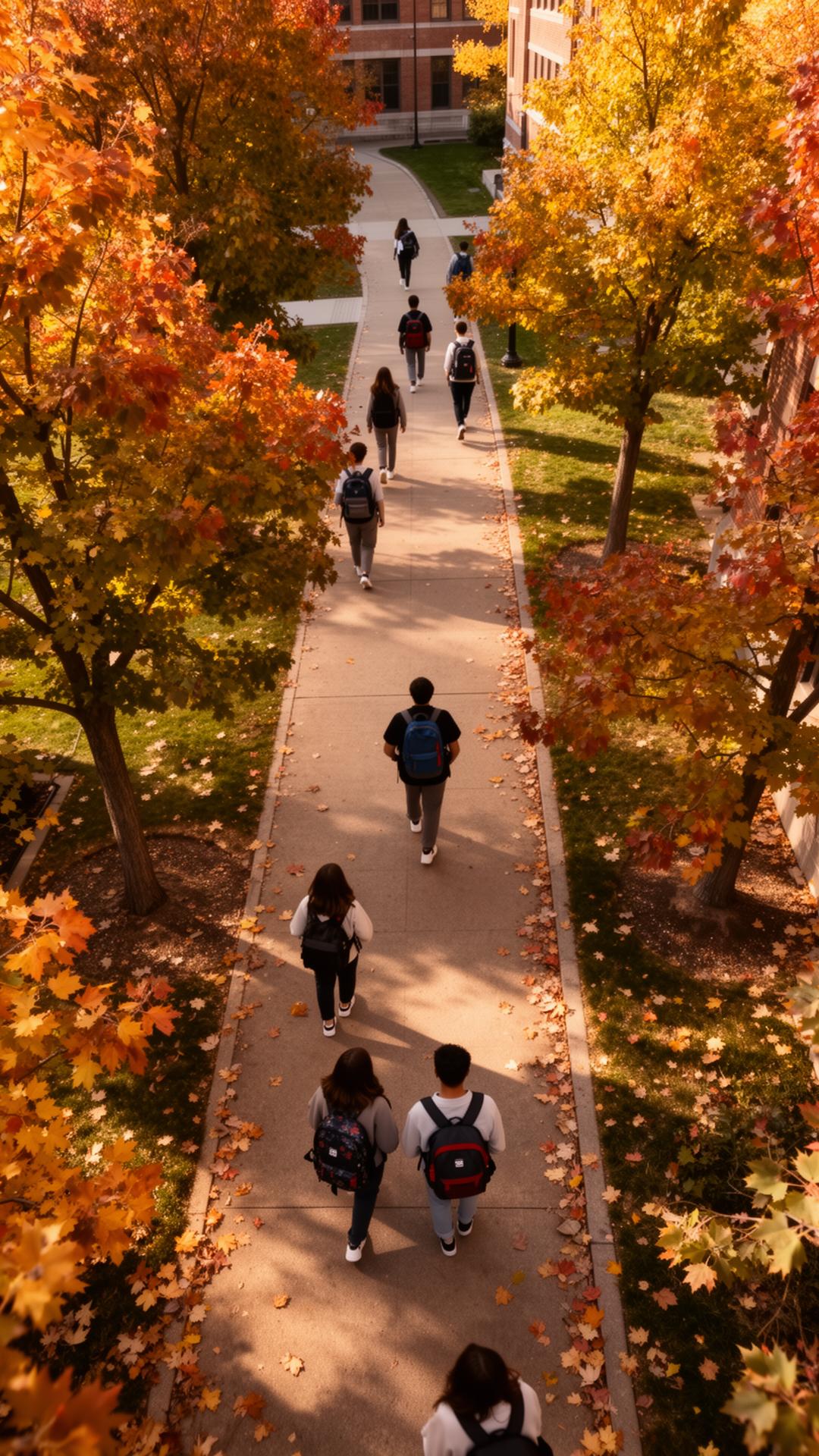 Estudiantes caminando por un campus universitario internacional, vista aérea